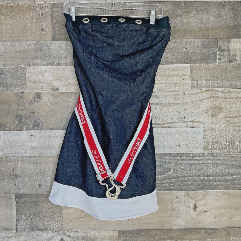 Vintage Ecko Red Belted Denim Mini‎ Dress Size L Stretch Sleeveless Y2K Spellout